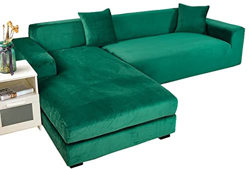 Strecken Sofabezug L Form Samt, L Form Sofa überzug 2 Stück Couchbezug L Form Weicher Möbelschutz Mit Elastischem Boden Für Hunde Und Katzen -Grün-4+2 Sitzer