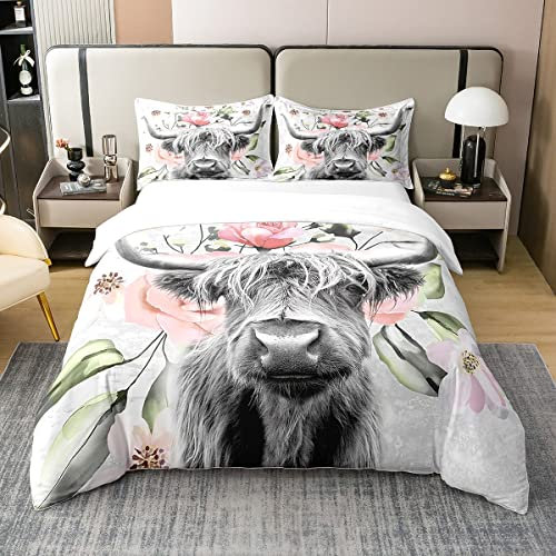Hochland Kuh 135x200 Bettbezug 100% Baumwolle,Stier Rinder mit Blume Tröster Bezug für Kinder Jungen Zimmer,Westernte Kuh Bettwäsche Set Rustikale Bauernhaus Bett Grau Weiß Marmor Steppdeckenbezug