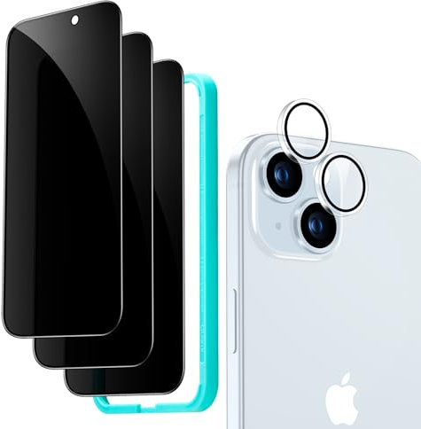 ESR for iPhone 15 Plus Privacy Screen Protector Set, Anti-spy Tempered-Glass Privacy Screen Protector, Micro-curved Edges, Case Friendly, 3-Pack with 1 Set of Individual Camera Lens Protectors