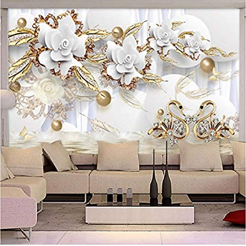 Style européen 3D fleurs blanches bijoux papier peint de luxe peintures murales salon Tv canapé hôtel fon salon TV Papier Peint 3D Chambre à coucher Salle de séjour Mural murale enfant-350cm×256cm