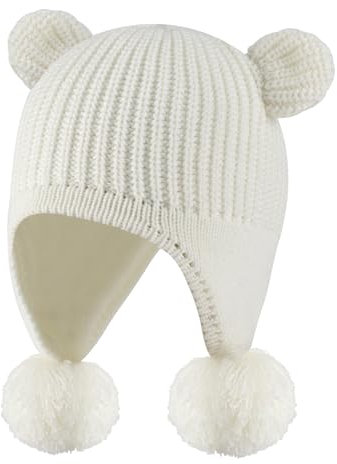 KAKU NANU Cappello Bambina Invernale Bimbo con PON PON 6-12 Mesi Bianco Berretto Bambina Cappello Neonato Pile Paraorecchie