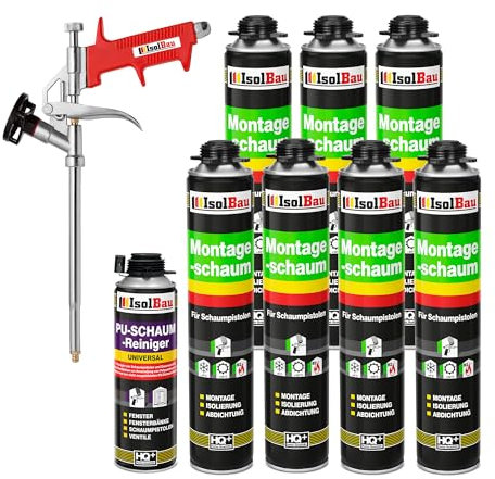 Isolbau Bauschaum-Set - Inkl. 7 x 1K Montageschaum B2 Pistolenschaum mit hervorragender Schall und Wärmedämmung (je 750 ml), 1 x PU-Schaum-Reiniger (500 ml) & 1 x Schaumpistole, Abdichten