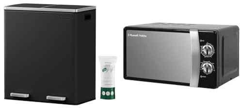 SONGMICS Double Rubbish Bin, 2 x 30L Waste and Recycling Kitchen Bin with 15 Rubbish Bags & Russell Hobbs RHMM701B 17 Litre 700 W Black Solo Manual Microwave with 5 Power Levels