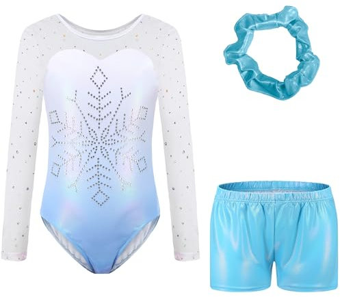 Sinoeem Gymnastikanzug Kinder Mädchen mit Haarband und Tanz Shorts, Langarm/Ärmellos Turnanzug Ballettröckchen Kleid Trikotanzug Tanz Kleid Gymnastik Dancewear (Blau-Langarm, 9-10 Jahr)