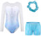 Sinoeem Gymnastikanzug Kinder Mädchen mit Haarband und Tanz Shorts, Langarm/Ärmellos Turnanzug Ballettröckchen Kleid Trikotanzug Tanz Kleid Gymnastik Dancewear (Blau-Langarm, 9-10 Jahr)