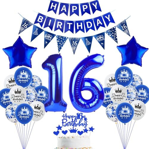 deko 16. Geburtstag Dekoration,Dunkelblau Tortendeko Geburtstag 16 Jahre Junge Party Deko 16 Mädchen Junge,luftballons 16,blau Geburtstagsdeko 16 Jahre ballon