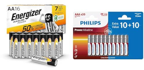 Alkaline Power AA, 16 Pack & Philips Piles AAA - LR03/1.5V - 20 Piles - Alcalines