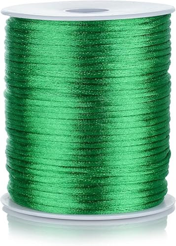 FQTANJU 2mm Nylon Satin Cord, 100 Yards Nylon Cord Satin String for Bracelet Jewelry Making Silky Rattail Macrame Trim Cord Necklace Bulk Beading Thread Kumihimo Chinese Knot Craft (Green)