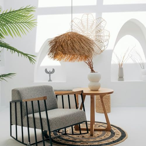 FWX Handgewebte Pendelleuchte Rattan E27 kreative Dekoration Restaurant Lampe Bar Kronleuchter Home Retro Pastoral Stil Hängelampe Schlafzimmer Garderobe Korridor Eingangsbeleuchtung(Schwarz,50cm)