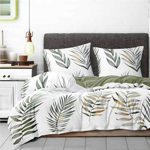 Gezu Bettwäsche-Set mit Grünes Blätter Tropische Pflanze-Muster Weiß Grün1 x Bettbezug 155x200 cm mit 2 x Kissenbezug 80x80 cm und Reißverschluss, 100% Weiche Mikrofaser Bettwäsche Modern, Weiß Grün