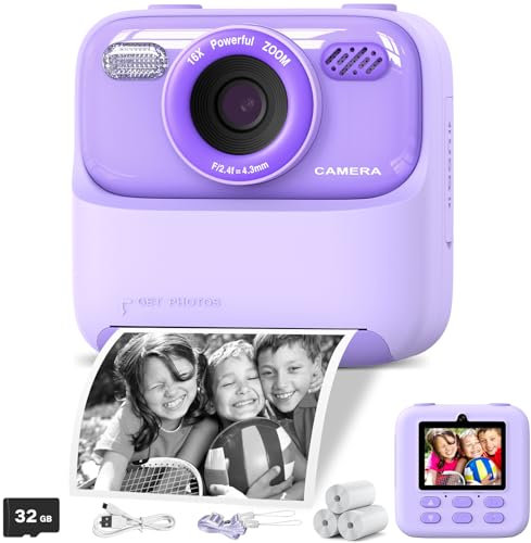 Macchina Fotografica Istantanea Bambini, 20MP/1080P HD Fotocamera Istantanea Bambini Digitale con 32GB Scheda SD e 3 Rotoli di Carta da Stampa, Regalo per Ragazze Ragazzi da 3-14, Viola