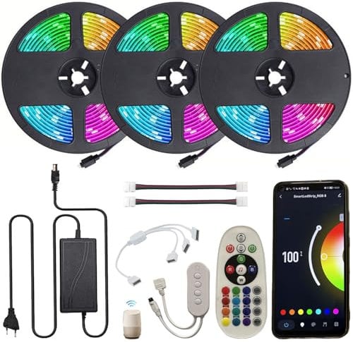 FOLGEMIR 15m (3x 5m) RGB LED Streifen dimmbar, WIFI kontrolliert LED Strip mit IR Fernbedienung + 12V Netzteil, 5050 SMD 450 (3x 150) LEDs, selbstklebend, IP20, Kompatibel mit APP Tuya