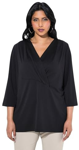 Ulla Popken Femme Grandes Tailles T-Shirt Esprit Cache-cœur, Modal mélangé, décolleté en V et Manches 3/4 ébène 50+ 834782120-50+