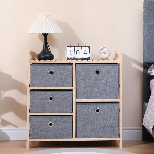 Pantanal Bedroom Slim Chest of 3 Drawers, Living Room Corner Unit Storage Dresser Cabinet for Clothes Toy Grey Non-Woven Fabric Drawers Wood Frame Hallway Nursery (wood frame 5 drawers)
