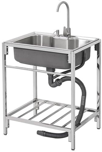 3 Freistehende Spüle mit Ablage, Edelstahl-Waschbecken mit Kalt- und Warmwasserleitungen, tragbares Wäschewaschbecken für Bauernhaus und Küche