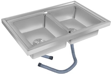 Fregadero de cocina con doble cuenco, 80 x 50 x 15,5 cm, doble cuenco, acero inoxidable, rectangular, doble fregadero con 2 tubos de desagüe