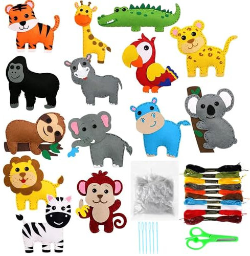 Glamifyr 14 Stück DIY Nähset Kinder Tierformen Filz Bastelset, Kiddy Wunder Nähspaß, Nähen Kinder ab 4 und Anfänger, Tiere Nähen Bastelset, mit Füllwatte, Plastiknadeln, Kunststoffschere, Filztiere