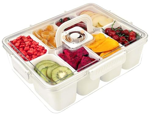 Longzhuo Divided Serving Tray with Lid and Handle, Portable Food Storage Container, Snack Tray 8 Removable Compartment Box Clear Organizer for Veggie, Candy, Fruit, Snacks