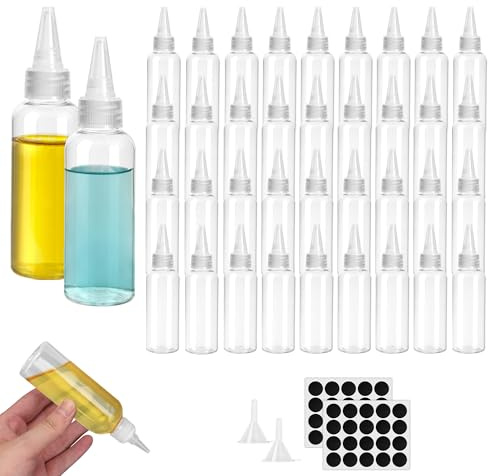 YKUKIZEE 36 PCS Small Squeezy Bottles with Nozzle 100 ML Mini Sauce Bottle | Reusable, Plastic, Clear, with Funnels Labels, For Oil, Ketchup, Condiment, Lotion, Painting Dispensing Bottle