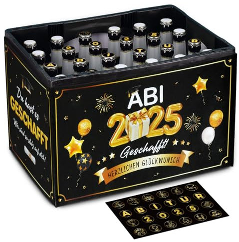 BOFUNX Abitur 2025 Geschenk ABI 2025 Banderole für Bierkasten und 24 Aufkleber für Kronkorken Glücksbringer Prüfung Abitur Bestandene Geschenk zum Abitur ABI für Jungen Mädchen