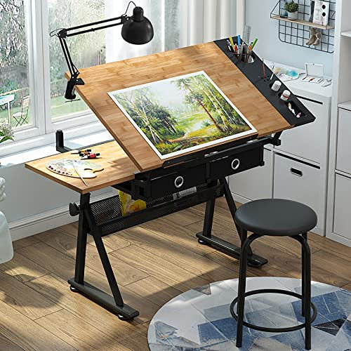 Zeichentisch Verstellbarer Zeichentisch mit Hocker, Draft Schreibtisch Zeichentisch, Bambus Tischplatte Zeichentisch, mit Stauraum und Schubladen, Art Desk für Zeichnen, Malerei, Arbeit, Studium
