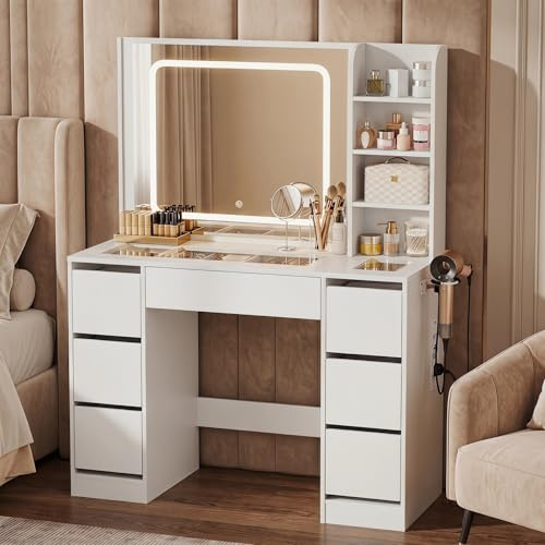 yeshine schminktisch holz, spiegel schminktisch organizer für schublade | organizer schminktisch, große Glasplatte, 7 Schubladen, schminktisch mit glasplatte, weiß