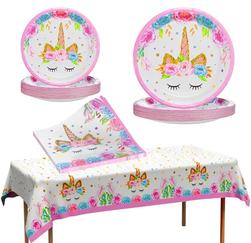 Kit Compleanno Unicorno 49 Pezzi - Piatti di Carta e Tovaglioli per Feste Bambina - Stoviglie per Feste di Compleanno - Decorazioni per Baby Shower