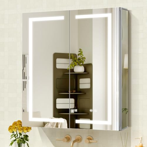 Janboe LED Mirror Cabinet,Bathroom Mirror Cabinet with Lights,76cm×81cm,Equip with Internal Light,Aluminum Construction,USB Shaver Socket,3 Color,Dimmer,Demister,Surface Mounted and Recess Mounted