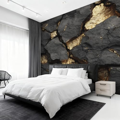 Generisch Tapete 3D Stein, Fototapete Schwarzes Gold Stein, Vliestapete für Schlafzimmer Wohnzimmer, Wand Deko Tapeten, Wandverkleidung 350x256 cm D&O107