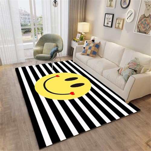 WBDYMX Tapis Salon Pas Cher D'Extérieur Enfant Noir Exterieur 100x200CM au Motif de Visages souriants Jaunes. Sol Gaming Deco Chambre Fille ado Moderne