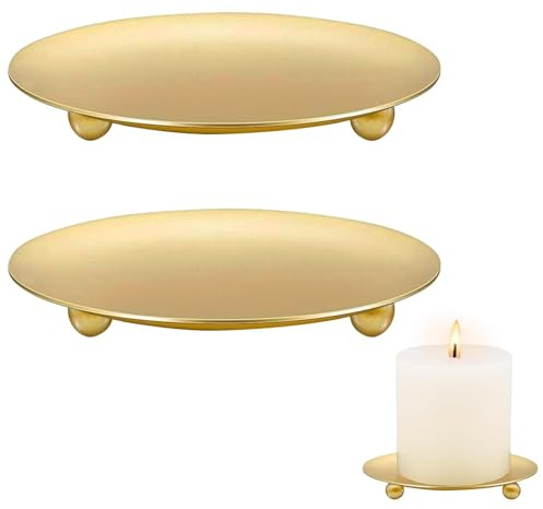 Pillar Candle Plates, 2 Pcs Gold Pillar Candle Holders, Premium Metal Candle Stands for Christmas Table Decoration, Candles Tray for Christmas Table Centrepiece