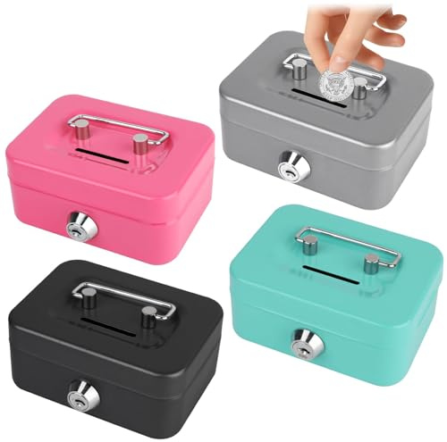 4 Stück Kleine Geldkassette, Kleiner Safe, 11.5x8.5x5cm geldkassette Abschließbar mit Schlüssel, Metallschließfach Sparbüchse mit Tastensperre,Tresor,geldkassette Abschließbar(Schwarz/Grün/Grau/Rosa)