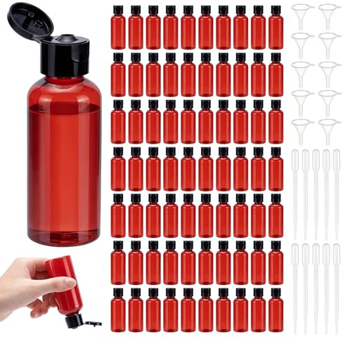 INTERWARM 150 bouteille Vide Transparente en Plastique de 60 ml avec Bouchon à Clapet Flacons de Voyage en Plastique avec Bouchons pour Produits de 20 entonnoir et 20 compte Gouttes (Rouge)