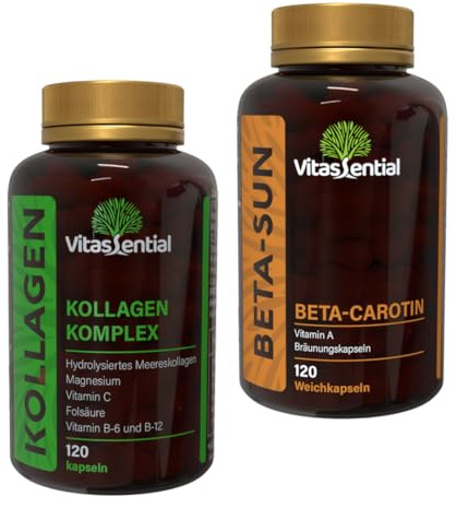 Sommer-Glow & Anti-Aging Set: Marine Kollagen + Beta Carotin Bräunungskapseln – 240 Kapseln Kur – Für straffe Haut, natürliche Bräune, Gelenke & Sonnenschutz von innen – Hochdosiert mit Vitamin C & B-