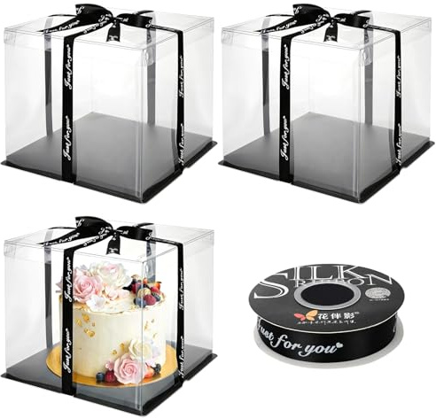 ZEFAN 3 Stück Tortenschachtel,31 * 31 * 27cm Tortenbox mit Boden und Band, 10 Zoll Geschenkbox Durchsichtig, Torten Transport Box, Durchsichtige Geschenkbox für Obstkuchen, Desserts, Geschenke