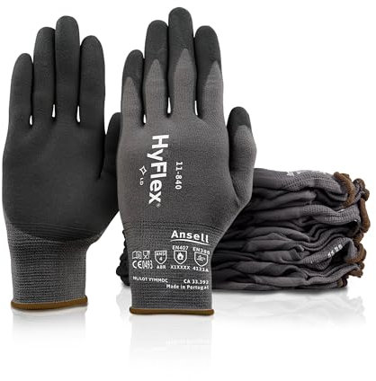 Ansell 113040 Hyflex Serie 11–840 Light Duty FORTIX Schaumstoff Nitril Handschuh, 15 Gauge, puderfrei, Gr. 10, Grau (12 Stück)