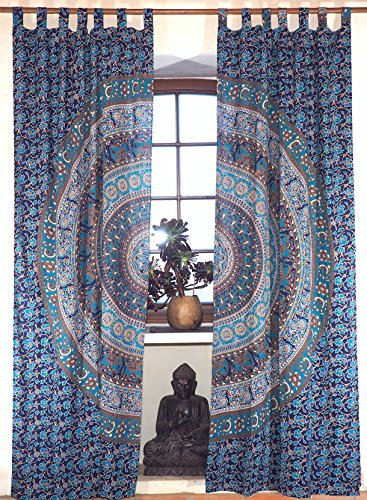 GURU SHOP Boho Vorhänge, Gardine (1 Paar) mit Schlaufen, Handbedruckter Ethno Style Vorhang, Mandala Motiv - Blau/türkis, Baumwolle, 220x100x0 cm