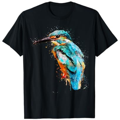 Dramabite Herren Eisvogel Vogel Aquarell T-Shirt Schwarz S