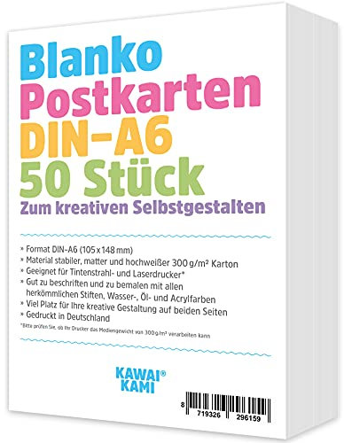 Blanko Postkarten Set, Karten zum Selbstgestalten, Bemalen, Beschreiben, Zeichnen, Malen, Bedrucken, Postkarte aus weißem Karton, 50 Karten, 300g Karton, DIN-A6