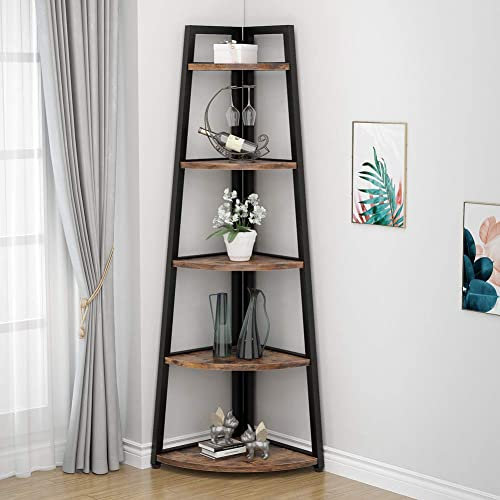 Tribesigns 176 cm Scaffale ad angolo alto, libreria ad angolo rustica a 5 livelli Scaffale a scala d'angolo industriale Supporto per piante per soggiorno, cucina, ufficio (marrone)
