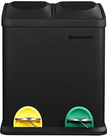 Songmics Cubo de Reciclaje, Residuos de 30 Litros, 2 Cubos de Basura de 15 Litros, con Cubos Internos, Pedales Codificados por Colores, para la Cocina, Sala de Estar, Negro, LTB30B