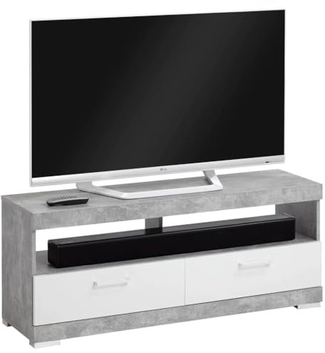 FMD Meuble TV Cristal 120cm - béton/Blanc Brillant