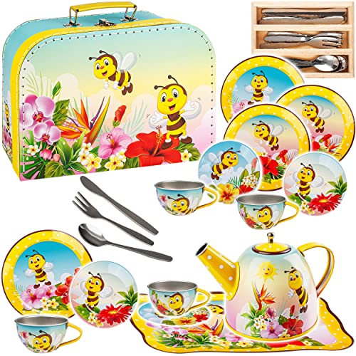 alles-meine.de GmbH 29 TLG. Set Picknick Koffer - Puppengeschirr/Teeservice & Kaffeeservice - süße Bienen & Tiere - Tablett & Geschirr aus Blech - Metall - Blechgeschirr - Ki..