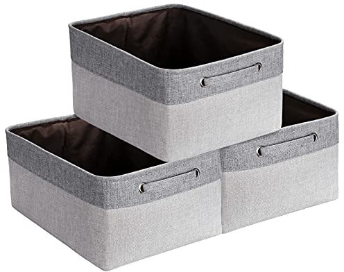 Yieseang Foldable Fabric Storage Basket with Sturdy Handles, Large Canvas Storage Box for Shelves, Wardrobe, Closet,Clothes,Toys (Light Grey & Dark Grey, 3 Pack)