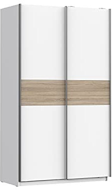 FORTE WINNER PLUS Schrank 120, Kleiderschrank, Schwebetürenschrank Skandinavisch, Schalfzimmerschrank 2-türig Einlegeböden Kleiderstange, Weiß / Sonoma Eiche, 120 cm breit x 210 cm hoch x 61 cm tief
