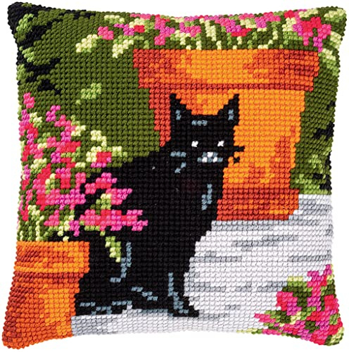 Vervaco Kreuzstich Stickpackungen Kissen Stickerei Set Anfänger Vorgedruckt Katze zwischen Blumen DIY Set Kreativ Set Für Erwachseneca. 40 x 40 cm Bastelset Handwerker Haus Dekoration