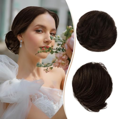 RUWISS Haarteil Lang Dünn Glattes Tousled Updo Bun Rea Echthaar Elegante Haarteile Haargummi Lang Scrunchie Verlängerungfür Damen,25g