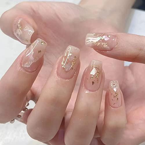 Bramian Lot de 24 faux ongles carrés à paillettes nude dégradés pour femmes et filles