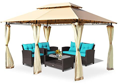 GYMAX Tonnelle de Jardin avec Double Toit, Moustiquaires Amovibles, Tente de Réception Imperméable avec Cadre Robuste, Pavillon de Jardin pour Mariages, Pique-niques, Fêtes (Brun)