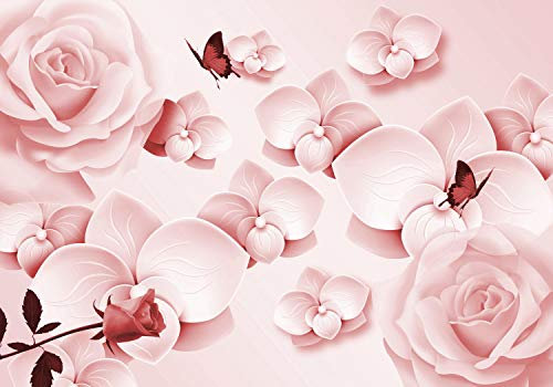wandmotiv24 Fototapete Rot Rosen Schmetterlinge Orchideen, 200 x 140cm - selbstklebende Strukturtapete, Wanddeko, Wandbild, Wandtapete, Blumen M4556